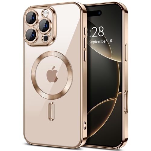 Hython Magnetische transparente Hülle für iPhone 16 Pro Max Hülle mit Kameraobjektivschutz [Kompatibel mit MagSafe] Plating Edge Slim Soft TPU Cover Schutzhülle für iPhone 16 Pro Max, Wüstenbraun von Hython