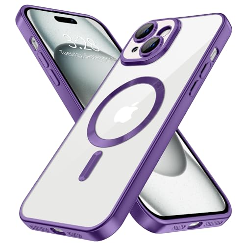 Hython Magnetische transparente Schutzhülle für iPhone 15 Plus, mit Kameraobjektivschutz, kompatibel mit MagSafe, luxuriös, Plating Edge Slim Soft TPU Cover Schutzhülle für iPhone 15 Plus, mattes Lila von Hython