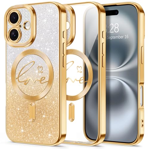 Hython Schutzhülle für iPhone 16, Glitzer, kompatibel mit MagSafe Liebesherz, magnetisch, transparent, für Frauen und Mädchen, Vollkameraschutz, glitzernde Beschichtung, stoßfeste Schutzhülle, Gold von Hython