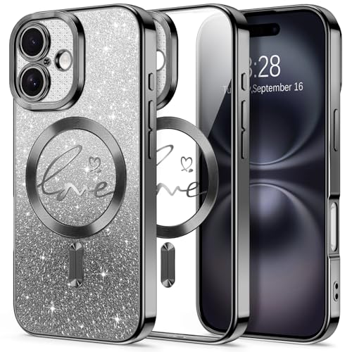 Hython Schutzhülle für iPhone 16, Glitzer, kompatibel mit MagSafe Liebesherz, magnetisch, transparent, für Frauen und Mädchen, Vollkameraschutz, glitzernde Beschichtung, stoßfeste Schutzhülle, Schwarz von Hython