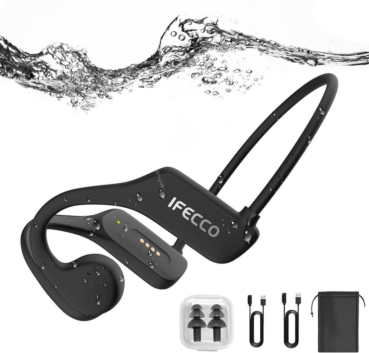 I love e iFecco Knochenschall-Technologie Open-Ear-Kopfhörer (Ideal für das Schwimmen dank IP68 Wasserdichtigkeit. Verwenden Sie den integrierten 8GB MP3-Player, da Wasser das Bluetooth-Signal stören kann. Wechseln Sie bei Bedarf in den MP3-Modus., Überträgt Schallwellen über Knochen im Schädel statt durch Gehörgang) von I love e iFecco