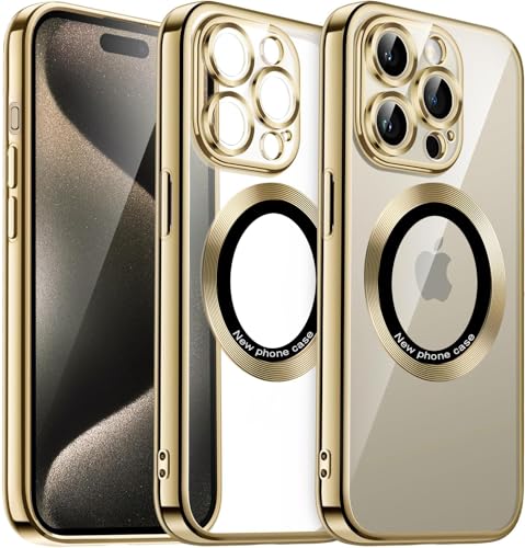 IBETEK Handyhülle für iPhone 15 Pro Hülle Kompatibel mit MagSafe, Clear Magnetisch Galvanisierte Hülle, Ultra Dünn Weiche Silikon Hülle mit Kameraschutz Stoßfest Case, Gold von IBETEK