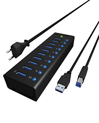 ICY BOX IB-AC6110 10-fach USB 3.0 Hub mit Netzteil (12V/4A), Ladeport, Voll-Aluminium, Klettbefestigung, Schwarz von ICY BOX