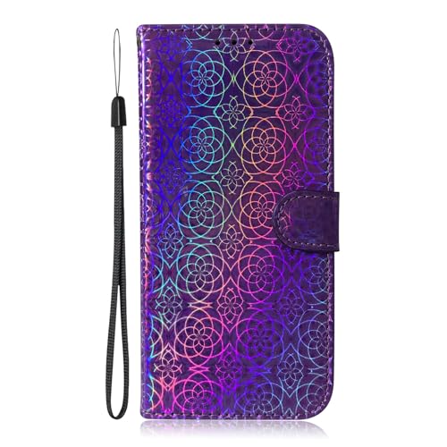 IHAOHAO Schutzhülle für iPhone 15Pro Max/15 Pro/15 Plus/15, PU-Leder, Klapphülle mit Kartenhalter, Ständer, bunte Glitzer-Schutzhülle (Violett, 15 Plus) von IHAOHAO