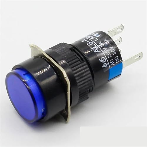 16 mm DC 6 V 12 V 24 V 220 V LED-Drucktastenschalter, blau, grün, rot, gelb, weiße Lampe, feste Drucktastenschalter, verriegelnd, Push-On-Start, 1 Stück (Color : Blue, Size : 6(6.3) V) von IJEKINNE