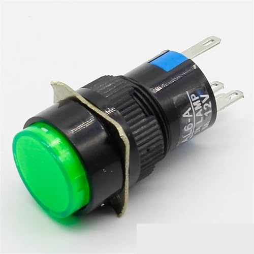 16 mm DC 6 V 12 V 24 V 220 V LED-Drucktastenschalter, blau, grün, rot, gelb, weiße Lampe, feste Drucktastenschalter, verriegelnd, Push-On-Start, 1 Stück (Color : Green, Size : 6(6.3) V) von IJEKINNE