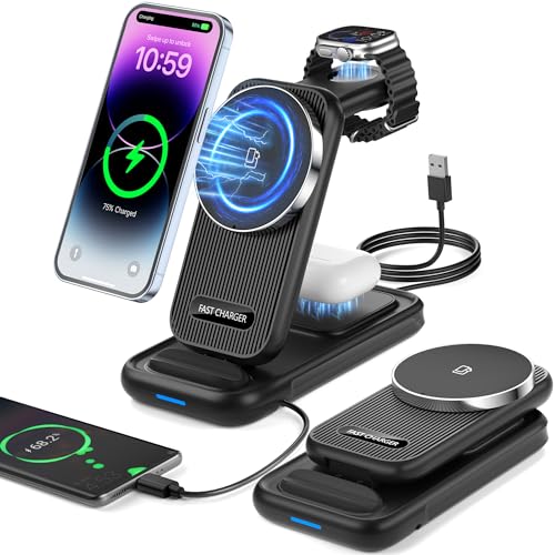 4 in 1 Mag-Safe Ladestation, Induktive Kabelloses Ladegerät Ständer, Schnelles Wireless Charger für Apple Watch und iPhone 15/14/ 13/12/ Pro Max Air Pods Pro, Samsung Galaxy S24 S23 Watch, Buds von IKHDCYH