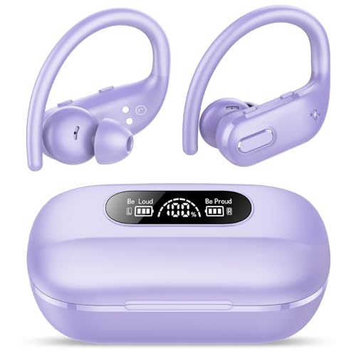 Bluetooth Kopfhörer Sport, Kopfhörer Kabellos Bluetooth 5.3 Kopfhörer In Ear mit 4 ENC Mirc, 80 Std Tiefer Bass, Tastensteuerung, IPX7 wasserdichte Ohrhörer mit Ohrhaken für iOS/Android Hellviolett von IKT