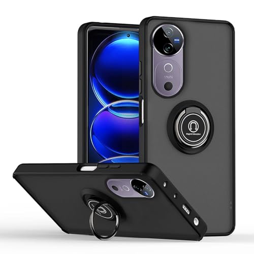 ILING Handyhülle für Vivo V40 5G / Vivo V40 Pro 5G, Ultradünne Stoßfeste Durchscheinende Matte Harte PC-Rückseite Hülle, Weich Silikon TPU Bumper Schutzhülle mit Ring Ständer (Schwarz) von ILING