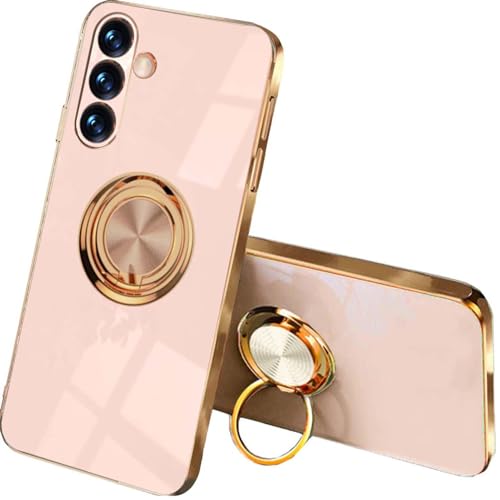 ILING Hülle für Samsung Galaxy A16 5G/4G mit 360 Grad Ring Ständer, Luxuriös Galvanisiertem Goldrand Weiches TPU Silikon Stoßfest Schutzhülle Ultradünne Damen Handyhülle (Rosa) von ILING