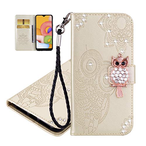 IMEIKONST Geprägt Case für Huawei P Smart 2019 Hülle Eule Funkelnd Gems Diamanten Brieftasche Kartenfächern PU Leder Magnetic Ständer Schutzhülle Handyhülle für Huawei P Smart 2019 Owl Gold YK von IMEIKONST