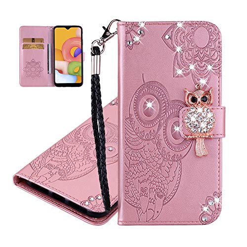 IMEIKONST Geprägt Case für Samsung A21S Hülle Eule Funkelnd Gems Diamanten Brieftasche Kartenfächern PU Leder Magnetic Ständer Schutzhülle Handyhülle für Samsung Galaxy A21S Owl Rose YK von IMEIKONST