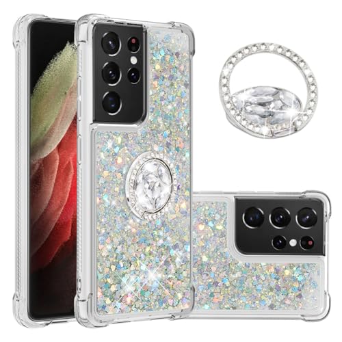 IMEIKONST Glitzer Hülle für Samsung Galaxy S21 Ultra Handyhülle mit Ring Halter Ständer, Pailletten Flüssig klar Schutzhülle für Mädchen Frauen Silikon Cover für Samsung S21 Ultra. Love Silver YBZ von IMEIKONST