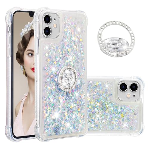 IMEIKONST Glitzer Hülle für iPhone 11 Handyhülle mit Ring Halter Ständer, Pailletten Flüssig klar Schutzhülle für Mädchen Frauen Silikon Cover für iPhone 11 6.1". Love Silver YBZ von IMEIKONST