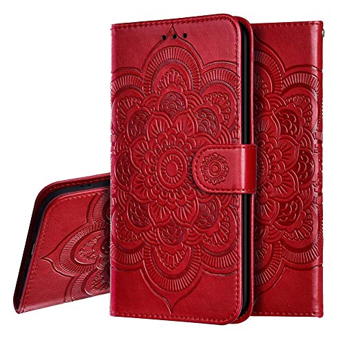 IMEIKONST Hülle Kompatibel mit Samsung Galaxy S24 Ultra, Premium Leder Geprägt Flip Brieftasche Kartenfächern Magnetverschluss Ständer Schutzhülle Handyhülle für Samsung S24 Ultra. Mandala Red LD von IMEIKONST