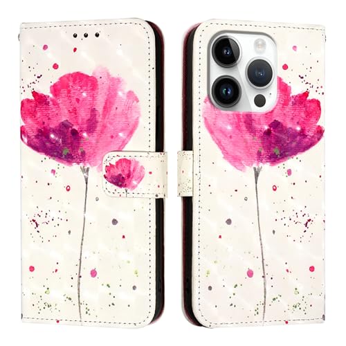 IMEIKONST Hülle für iPhone 16 Pro Klapphülle Leder 3D Muster Brieftasche Magnet Handyhülle Klappbar Flip Case Cover 360 Stoßfeste Schutzhülle für iPhone 16 Pro. A Red Flower YB von IMEIKONST