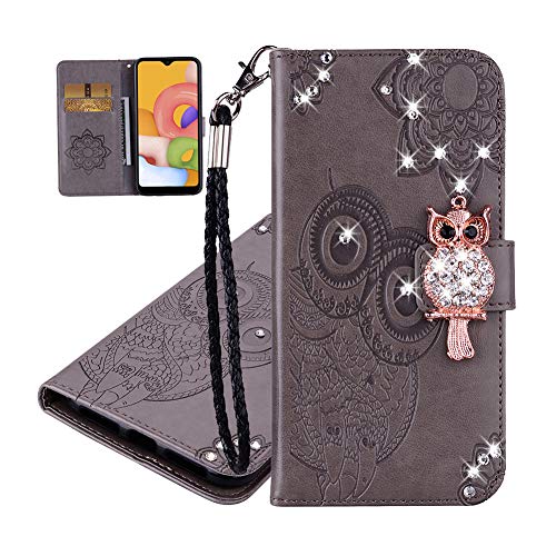 IMEIKONST Kompatibel mit Samsung Galaxy A55 5G Geprägt Hülle, Eule Funkelnd Diamanten Handyhülle Tasche Brieftasche Kartenfächern Magnetisch Ständer Schutzhülle für Samsung A55 5G. Owl Grey YK von IMEIKONST