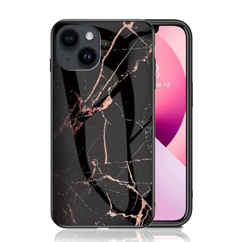 IMEIKONST Kompatibel mit iPhone 15 Glitzer Hülle Gehärtetes Glas Rückseite + Stoßfest Weicher Bumper Handyhülle Marmor Kratzfeste Schutzhülle für iPhone 15. Schwarz Gold LSM von IMEIKONST