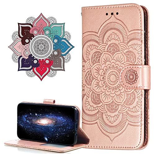 IMIRST Apple iPhone 13/14 Handytasche Flip Wallet Handytasche PU Leder Mandala Prägung Stossfestes Cover mit Kickstand Kartenhalter für Apple iPhone 13/14. LD Mandala Rosegold von IMIRST