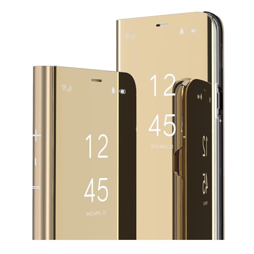 IMIRST Flip Hülle für Samsung S24 Plus - Design mit Schminkspiegel Klare Sicht Flip Buchstil Luxuriöse Schutzhülle mit Ständer für Samsung Galaxy S24+. Flip Mirror: Gold von IMIRST