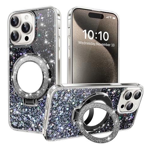 IMIRST Glitzerhülle für iPhone 13 Pro (6.1'') Funkelndes Weiches Tropfen-Plating Kosmetikspiegel Täschchen mit Großem Ringhalter-Ständer Telefonhülle für Apple iPhone 13 Pro. DJ Black von IMIRST