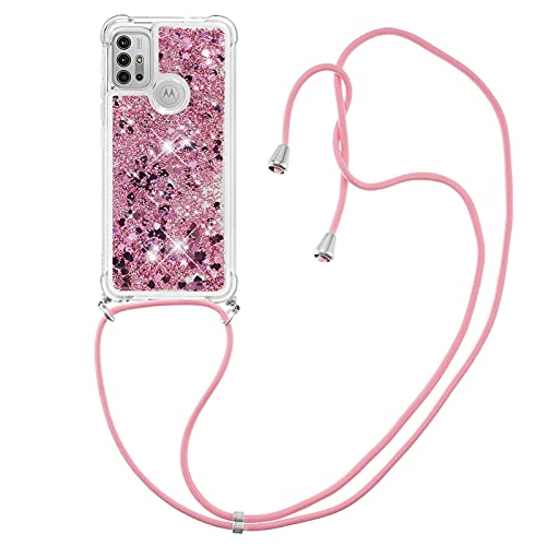 IMIRST Handykette Kompatibel mit Moto G30, Glitzer Flüssig Bewegende Treibsand Handyhülle mit Necklace mask Lanyard Schutzhülle für Motorola Moto G10 / Moto G30. LP Love Rose von IMIRST