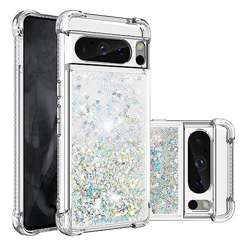 IMIRST Handytasche Kompatibel mit Google Pixel 8 Pro Bling Flüssigkeit Glitter Silikon Shell Shockproof Kawaii Airbag Schutzhülle Bumper Case für Google Pixel 8 Pro. YBW Love Silver von IMIRST