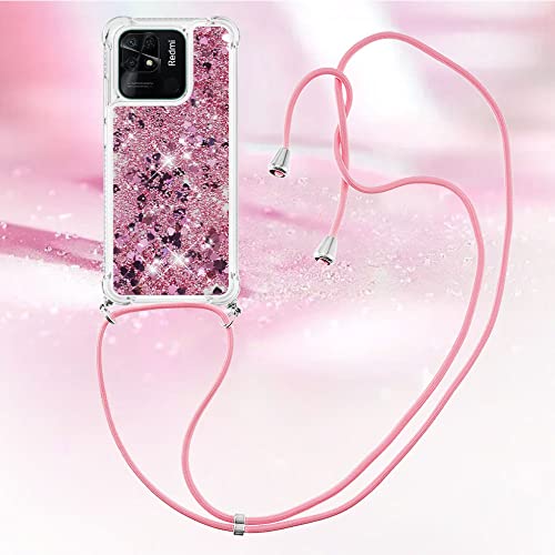 IMIRST Lanyard Handyhülle Kompatibel mit Redmi 10C Bling Liquid Glitter Silikon Shell Stoßfeste Kawaii Abdeckung mit Schnur Halskette Hülle für Xiaomi Redmi 10C. LP Love Rose von IMIRST