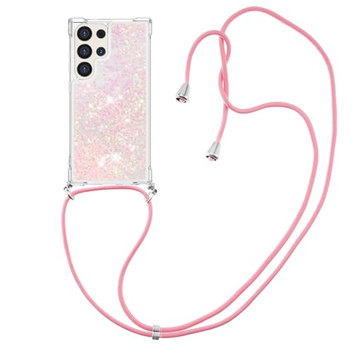 IMIRST Lanyard Handyhülle Kompatibel mit Samsung S24 Ultra Bling Liquid Glitter Silikon Shell Stoßfeste Kawaii Abdeckung mit Schnur Halskette Hülle für Samsung Galaxy S24 Ultra. LP Star Pink von IMIRST