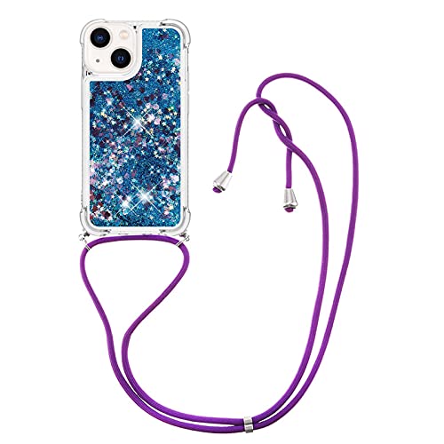 IMIRST Lanyard Handyhülle Kompatibel mit iPhone 13 Bling Liquid Glitter Silikon Shell Stoßfeste Kawaii Abdeckung mit Schnur Halskette Hülle für Apple iPhone 13. LP Love Blue von IMIRST