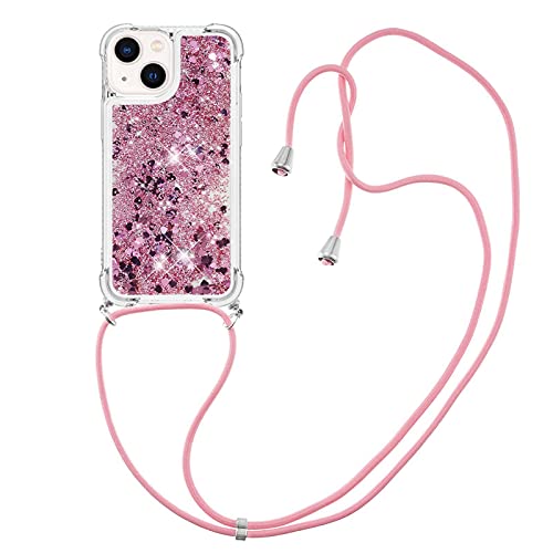 IMIRST Lanyard Handyhülle Kompatibel mit iPhone 13 Bling Liquid Glitter Silikon Shell Stoßfeste Kawaii Abdeckung mit Schnur Halskette Hülle für Apple iPhone 13. LP Love Rose von IMIRST