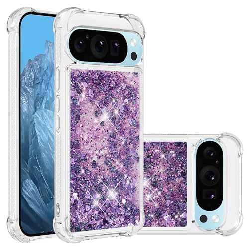 IMIRST Silikon Hülle für Google 9/9 Pro Eckairbag Fallschutz Bling Glitzer Treibsand Flüssig Sparkle TPU Handyhülle für Google Pixel 9 Pro YBW Love Lila von IMIRST