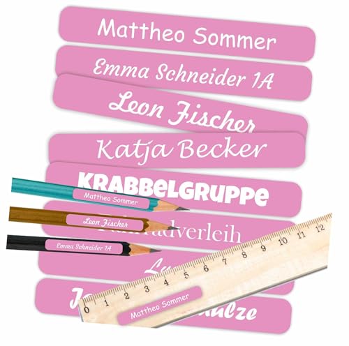 INDIGOS UG Namensaufkleber für Kinder, Schule & Kita - rosa - Aufkleber mit Namen für Schulsachen - individuell personalisiert - wasserfest für die Spülmaschine - 75 Stück von INDIGOS UG