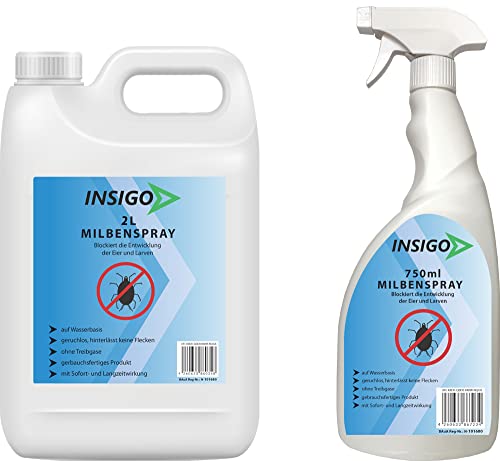 Insigo Milbenspray 2L + 750ml | Milbenspray gegen Krätze | Milbenspray für Matratzen | Milben Spray für Innen & Aussen, Wasserbasis, Geruchlos von INSIGO