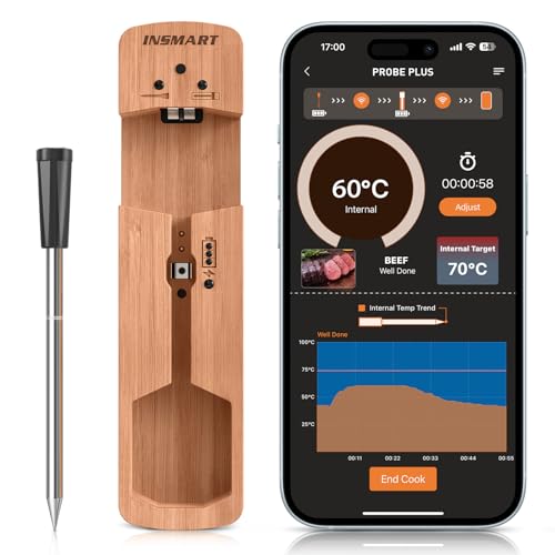 INSMART Fleischthermometer Kabellos, Grillthermometer Bluetooth 100m, IPX7 Wasserdicht Bratenthermometer mit Smarte APP, Meat Thermometer Kochen für Backofen Grill Smoker Rotisserie Heißluftfritteuse von INSMART