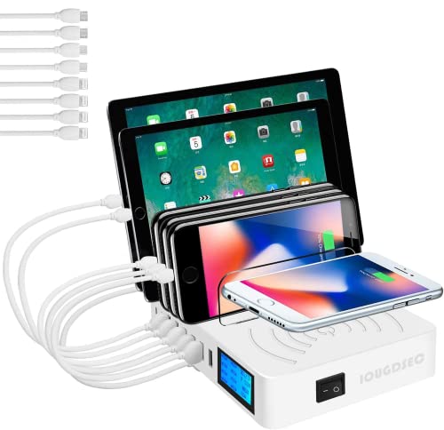 Ladestation mit Schalter, PD20W QC3.0 Schnellladegerät, 8 Ports mit 1 Induktionsladung, kabellos, Desktop-Ladegerät für Handy, Kompatibel mit iPhone, ipad, Samsung, 8 Kabel inklusive, Weiß von IOUGDSEC