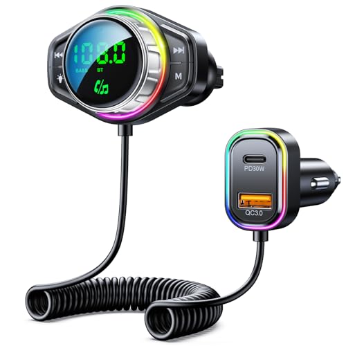 ISEYOU FM Transmitter Auto Bluetooth 5.3, Bluetooth Adapter Auto mit Bass Boost & Hi-Fi-Audio für KFZ-Freisprechen Musikplayer, 48W Max Schnelllade-Autoladegerät mit LED-Licht von ISEYOU