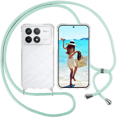 ISOI Handykette für Xiaomi Poco F6 Pro 5G Hülle mit Band, Transparent Silikon Handyhülle für Xiaomi Poco F6 Pro 5G mit Kette Stossfest Schutzhülle - Schnur mit Case Zum Umhängen in Grün von ISOI