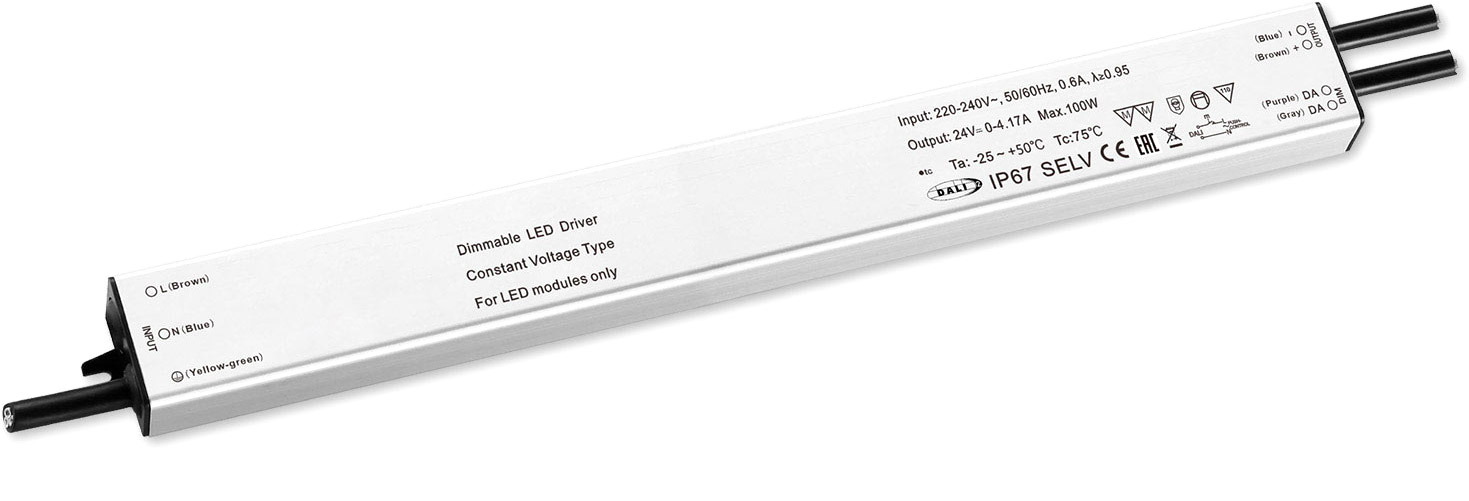 ISOLED LED PWM-Trafo 24V/DC, 0-100W, slim, Push/Dali-2 dimmbar, IP67, SELV von ISOLED