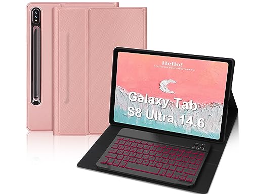 IVEOPPE Samsung Tab S8 Ultra Hülle mit Tastatur 2022, Tastatur für Galaxy Tab S8 Ultra 14.6", Magnetisch Abnehmbarer Tastatur Samsung S8 Ultra mit QWERTZ Layout Pencil Halter, Rosa von IVEOPPE