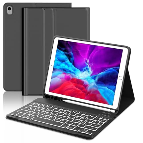 Tastatur iPad 9. Generation, iPad 10.2" Tastatur mit Hülle (iPad 9./8./7. Generation), Magnetisch Abnehmbarer mit QWERTZ 7-Farbige Beleuchtung Tastatur für iPad Air 3 und iPad Pro 10.5, Schwarz von IVEOPPE