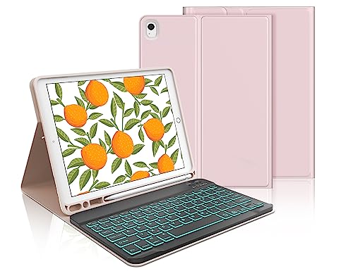 Tastatur iPad 9. Generation, iPad 10.2" Tastatur mit Hülle (iPad 9./8./7. Generation), Magnetisch Abnehmbarer 7-Farbige Beleuchtung mit QWERTZ Tastatur für iPad Air 3 und iPad Pro 10.5, Sakura-Rosa von IVEOPPE