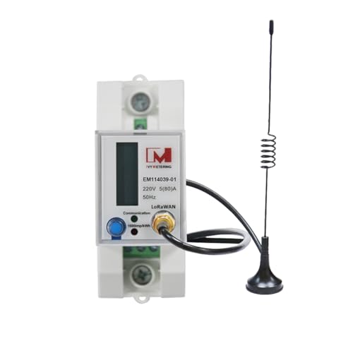 Ivy EM114039-01 LoRaWAN Energie-Monitor, einphasig, RS485 RTU 5 (80 A) kWh, DIN-Schienen-Smart-Messgerät mit Pulsmesser & LCD-Display mit MID-Zertifizierung (mit Saugnapfantenne) von IVY METERING