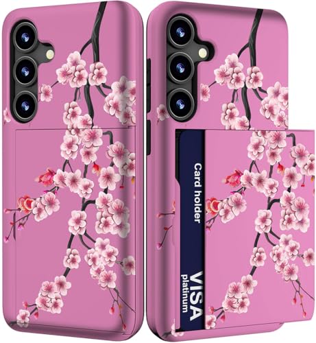 IWONE Kompatibel mit Samsung Galaxy S23, niedlich, mit Kartenhalter/schlankem Schlitz, Handyhülle für Damen, Galaxy S23, rosa blühende Sakura-Kirschblüte, zarte Blumen, Zweige von IWONE