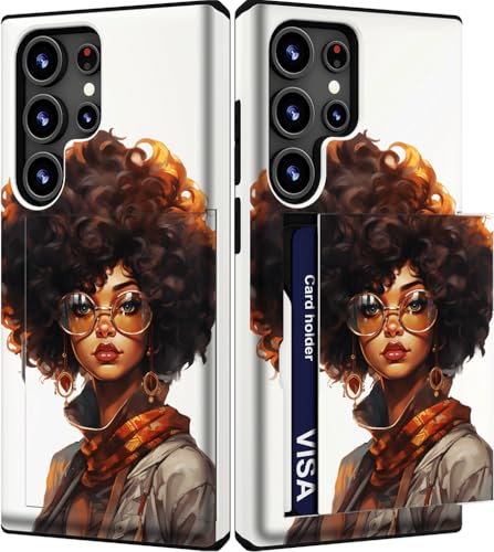 IWONE Kompatibel mit Samsung Galaxy S23 Ultra, niedlich, mit Kartenhalter/stoßfest, schlank, Brieftaschen-Handyhülle für Damen, Galaxy S23 Ultra, afrikanisches Mädchen, Afro, Schwarz, amerikanische von IWONE