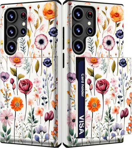 IWONE Kompatibel mit Samsung Galaxy S23 Ultra, niedlich, mit Kartenhalter/stoßfest, schlank, Brieftaschen-Handyhülle für Damen, Galaxy S23 Ultra/wilde hübsche Blumen, Frühling, Garten, Gräser, Blumen von IWONE