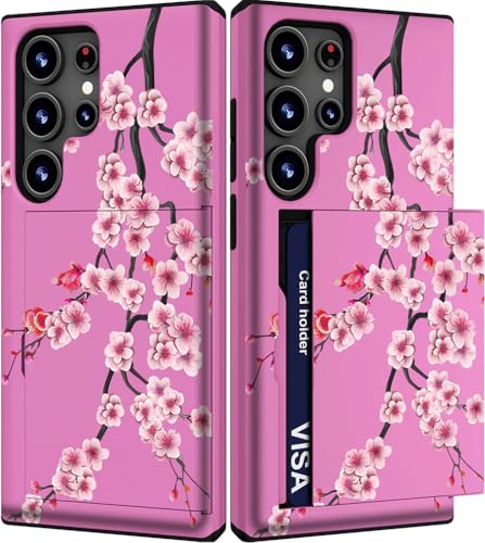 IWONE Schutzhülle für Samsung Galaxy S23 Ultra, niedlich, mit Kartenhalter/schlankem Schlitz, Handyhülle für Damen, Galaxy S23 Ultra, rosa blühende Sakura-Kirschblüte, zarte Blumen, Zweige von IWONE