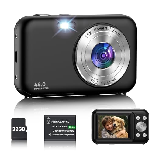 Digitalkamera, Fotokamera Kompaktkamera mit 32GB Karte, 1080P 44MP Kamera Fotokamera mit 16X Digitalzoom und 1 Batterien, 2.4” LCD Kamera für Kinder, Teenager, Anfänger (Schwarz) von IXNAIQY