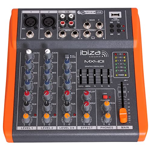 Ibiza - MX401 - Kompletter semiprofessioneller 4-Kanal-Mixer (5-Band-EQ) mit Mikrofon- und Line-Eingängen sowie REC-, RCA-, Kopfhörer- und AUX-Ausgängen - USB - Schwarz und orange von Ibiza