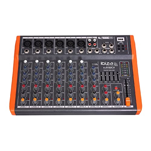 Ibiza - MX801 - Komplettes semiprofessionelles 6-Kanal-Mischpult (5-Band-Equalizer) mit MONO-, Mikrofon- und Line-Eingängen und REC-, RCA-, Kopfhörer- und AUX-Ausgängen - USB - Schwarz und orange von Ibiza